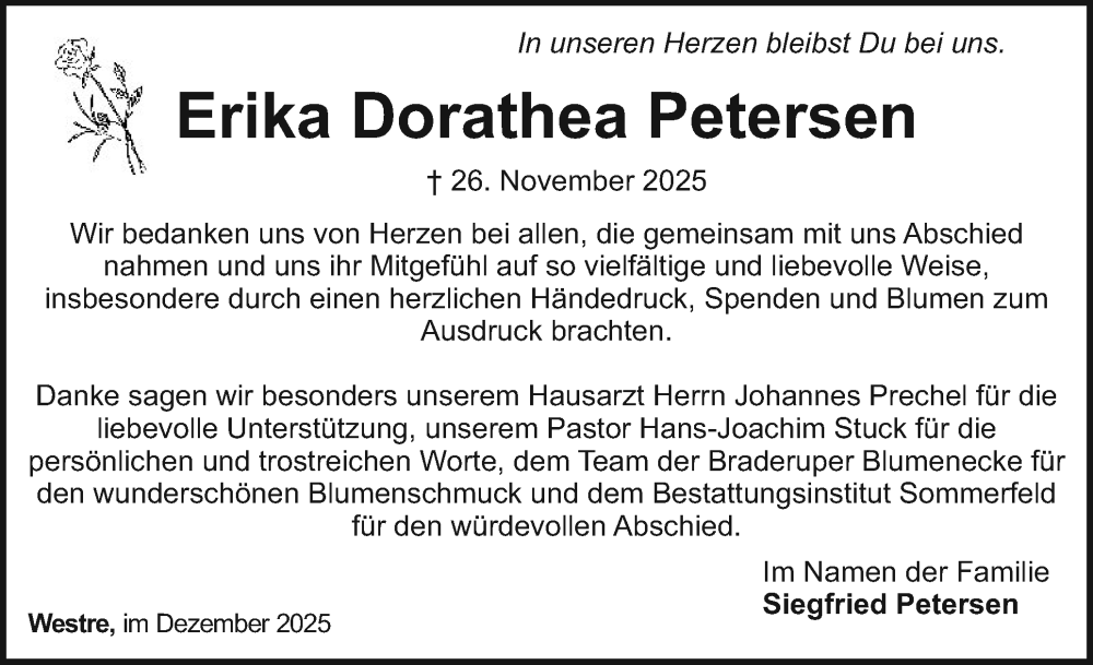  Traueranzeige für Erika Dorathea Petersen vom 27.12.2025 aus Husumer Nachrichten, Nordfriesland Tageblatt