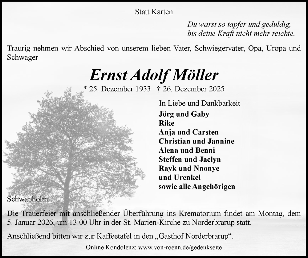  Traueranzeige für Ernst Adolf Möller vom 31.12.2025 aus Flensburger Tageblatt, Schleswiger Nachrichten, Schlei-Bote