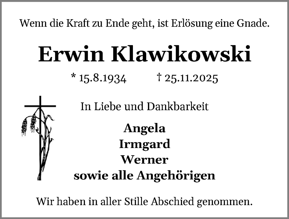 Traueranzeige für Erwin Klawikowski vom 20.12.2025 aus Schleswiger Nachrichten, Schlei-Bote