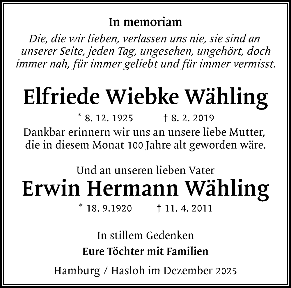  Traueranzeige für Erwin Hermann Wähling vom 13.12.2025 aus Region Pinneberg und tip Pinneberg