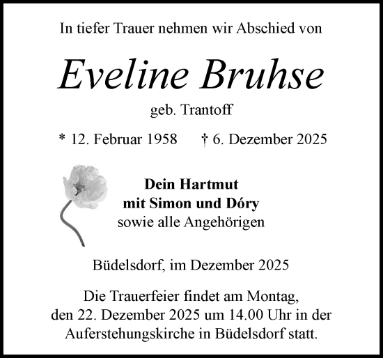 Traueranzeige von Eveline Bruhse von Schleswig-Holsteinische Landeszeitung