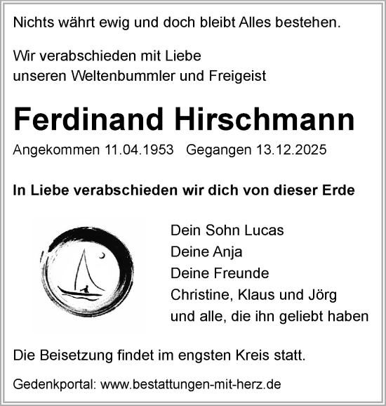 Traueranzeige von Ferdinand Hirschmann von Eckernförder Zeitung, Hallo Eckernförde
