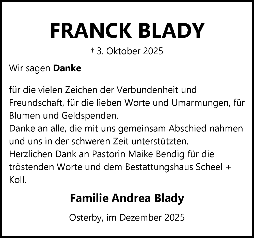  Traueranzeige für Franck Blady vom 27.12.2025 aus Eckernförder Zeitung, Hallo Eckernförde
