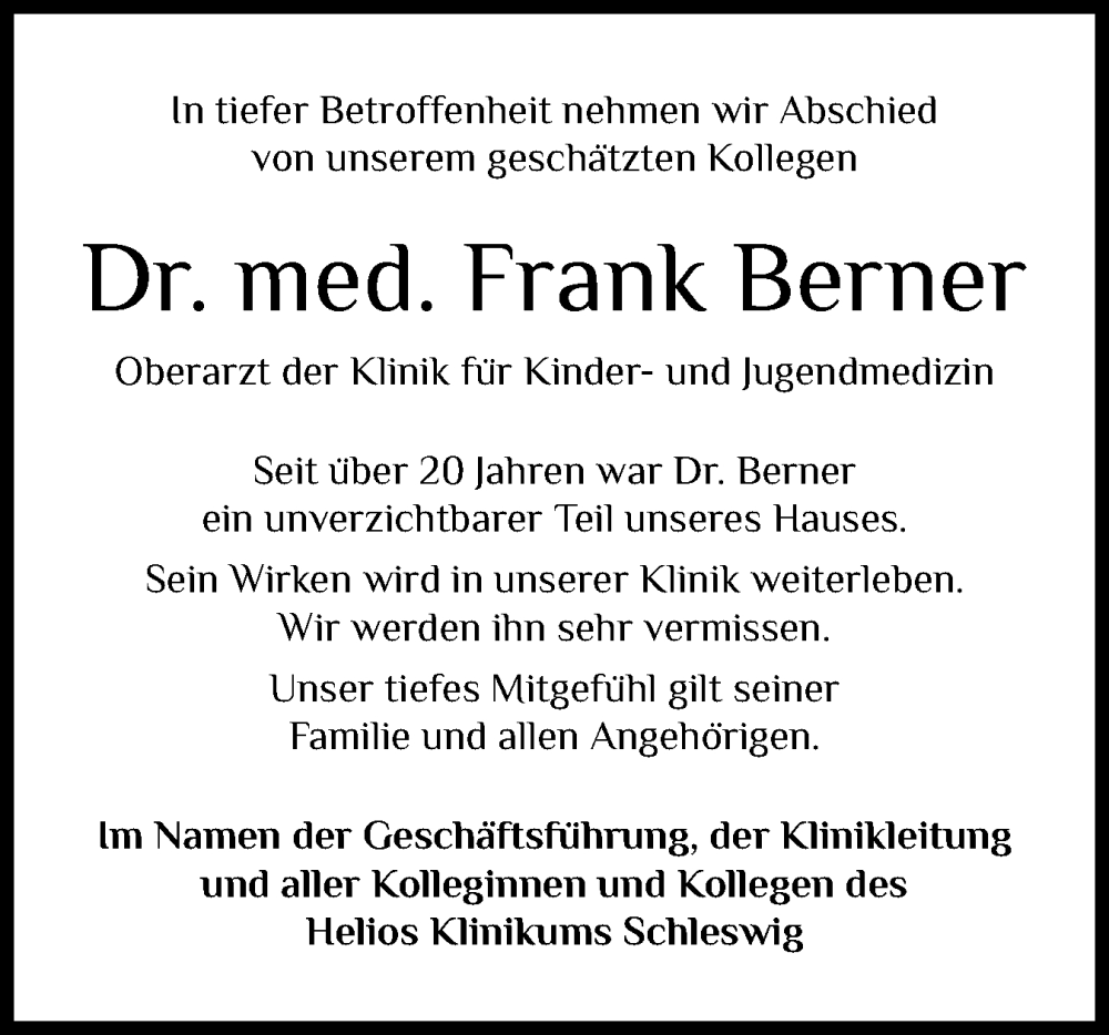  Traueranzeige für Frank Berner vom 05.12.2025 aus Schleswiger Nachrichten, Schlei-Bote