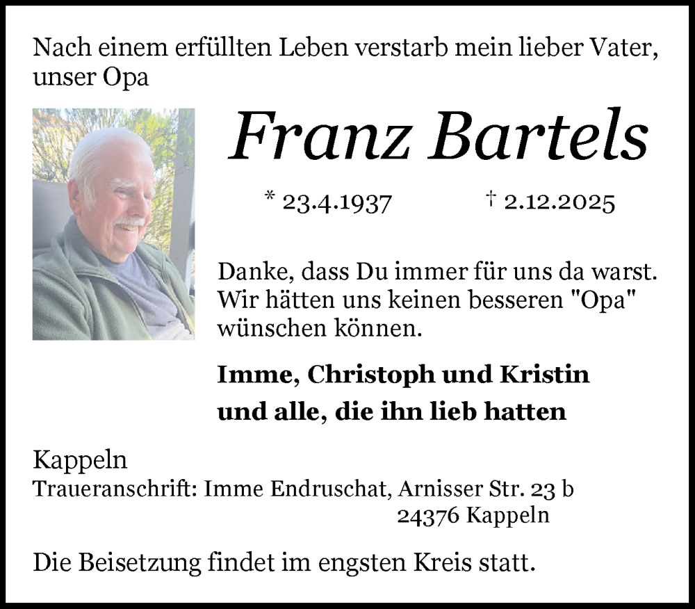  Traueranzeige für Franz Bartels vom 06.12.2025 aus Schleswiger Nachrichten, Schlei-Bote
