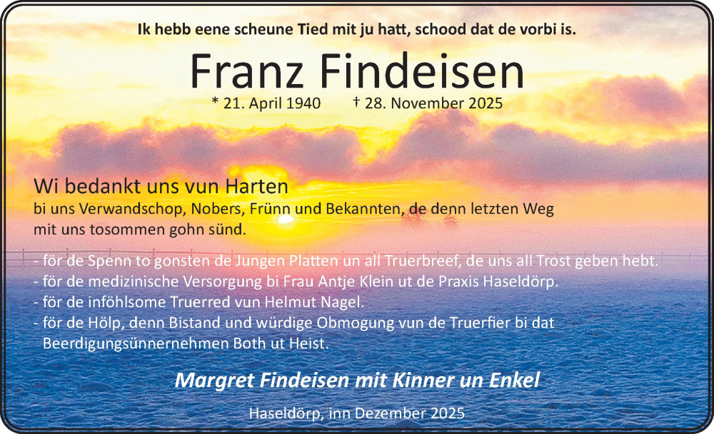  Traueranzeige für Franz Findeisen vom 20.12.2025 aus Uetersener Nachrichten, Der tip am Wochenende