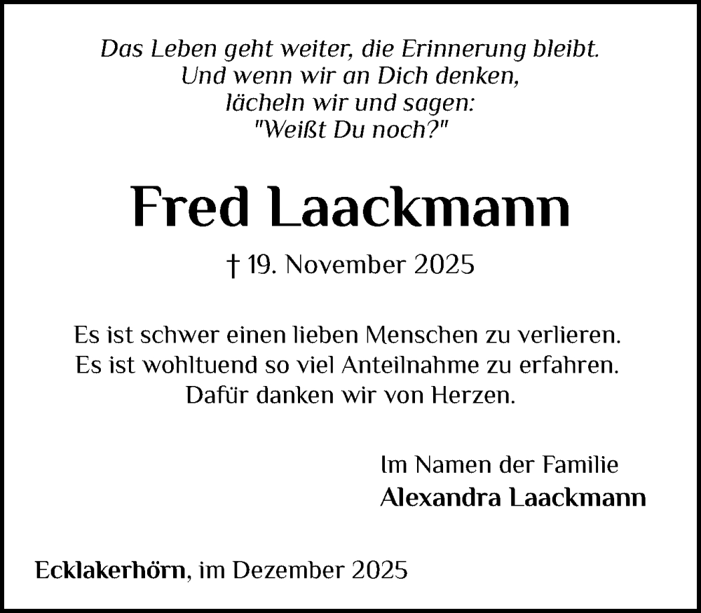  Traueranzeige für Fred Laackmann vom 20.12.2025 aus Norddeutsche Rundschau, Wilstersche Zeitung, Glückstädter Fortuna