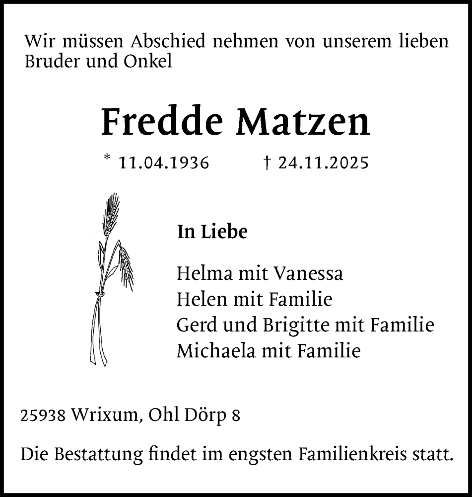  Traueranzeige für Fredde Matzen vom 02.12.2025 aus Der Insel-Bote