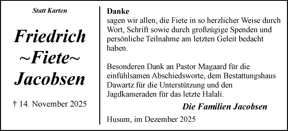  Traueranzeige für Friedrich Jacobsen vom 13.12.2025 aus Husumer Nachrichten, Nordfriesland Tageblatt