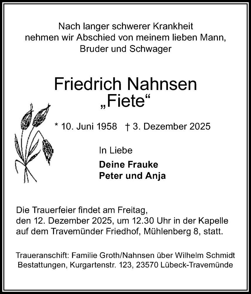  Traueranzeige für Friedrich Nahnsen vom 08.12.2025 aus Husumer Nachrichten, Nordfriesland Tageblatt