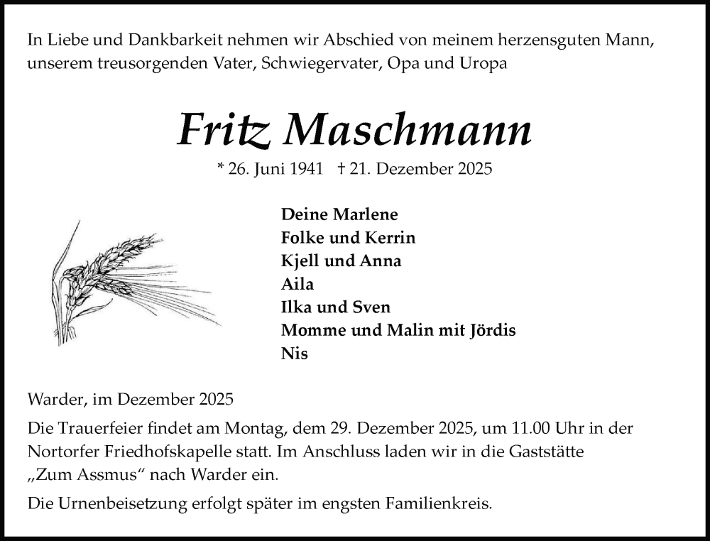  Traueranzeige für Fritz Maschmann vom 24.12.2025 aus Schleswig-Holsteinische Landeszeitung