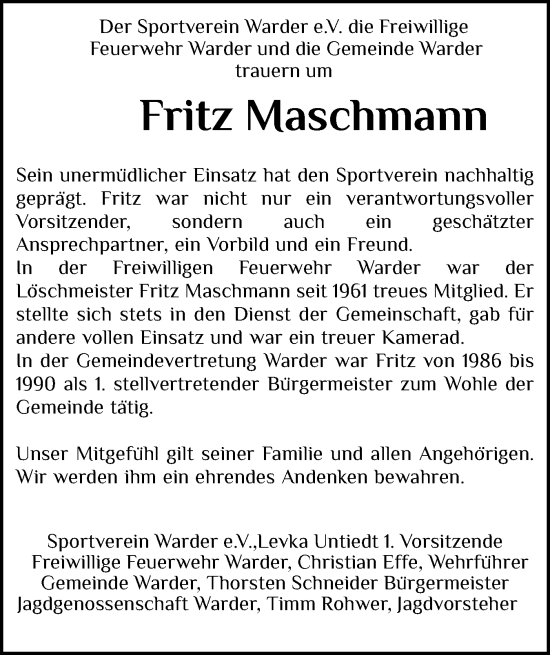 Traueranzeige von Fritz Maschmann von Schleswig-Holsteinische Landeszeitung