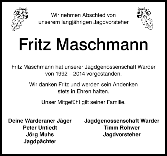Traueranzeige von Fritz Maschmann von Schleswig-Holsteinische Landeszeitung