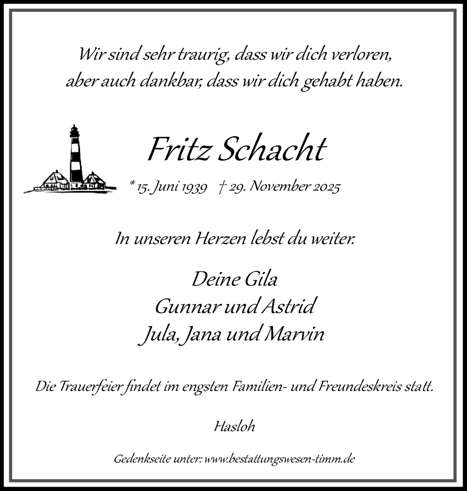  Traueranzeige für Fritz Schacht vom 20.12.2025 aus Region Pinneberg und tip Pinneberg