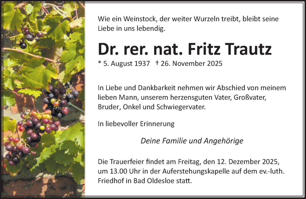  Traueranzeige für Fritz Trautz vom 06.12.2025 aus MARKT Bad Oldesloe/Reinfeld und Stormarner Tageblatt
