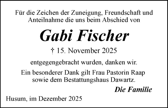 Traueranzeige von Gabi Fischer von Husumer Nachrichten, Nordfriesland Tageblatt