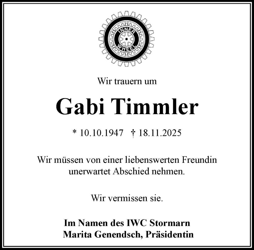  Traueranzeige für Gabi Timmler vom 06.12.2025 aus MARKT Bad Oldesloe/Reinfeld und Stormarner Tageblatt