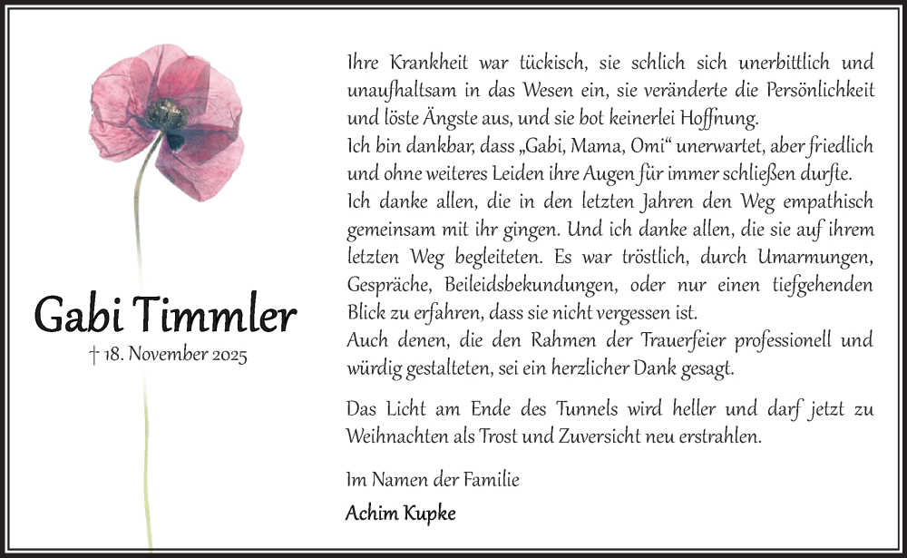  Traueranzeige für Gabi Timmler vom 20.12.2025 aus MARKT Bad Oldesloe/Reinfeld und Stormarner Tageblatt