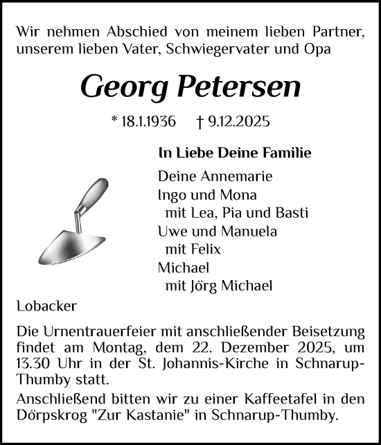 Traueranzeige von Georg Petersen von Schleswiger Nachrichten, Schlei-Bote