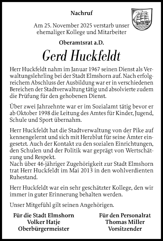 Traueranzeige von Gerd Huckfeldt von Elmshorner Nachrichten, Barmstedter Zeitung
