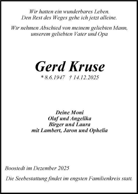 Traueranzeige von Gerd Kruse von Holsteinischer Courier