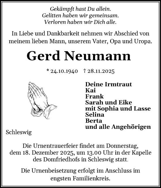 Traueranzeige von Gerd Neumann von Schleswiger Nachrichten, Schlei-Bote