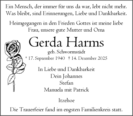 Traueranzeige von Gerda Harms von Norddeutsche Rundschau, Wilstersche Zeitung, Glückstädter Fortuna