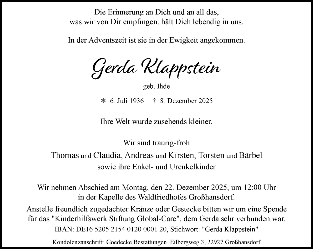  Traueranzeige für Gerda Klappstein vom 20.12.2025 aus MARKT Ahrensburg/Bargteheide/Trittau und Stormarner Tageblatt