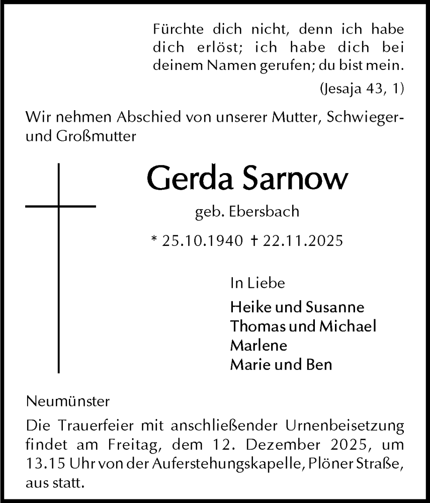  Traueranzeige für Gerda Sarnow vom 06.12.2025 aus Holsteinischer Courier