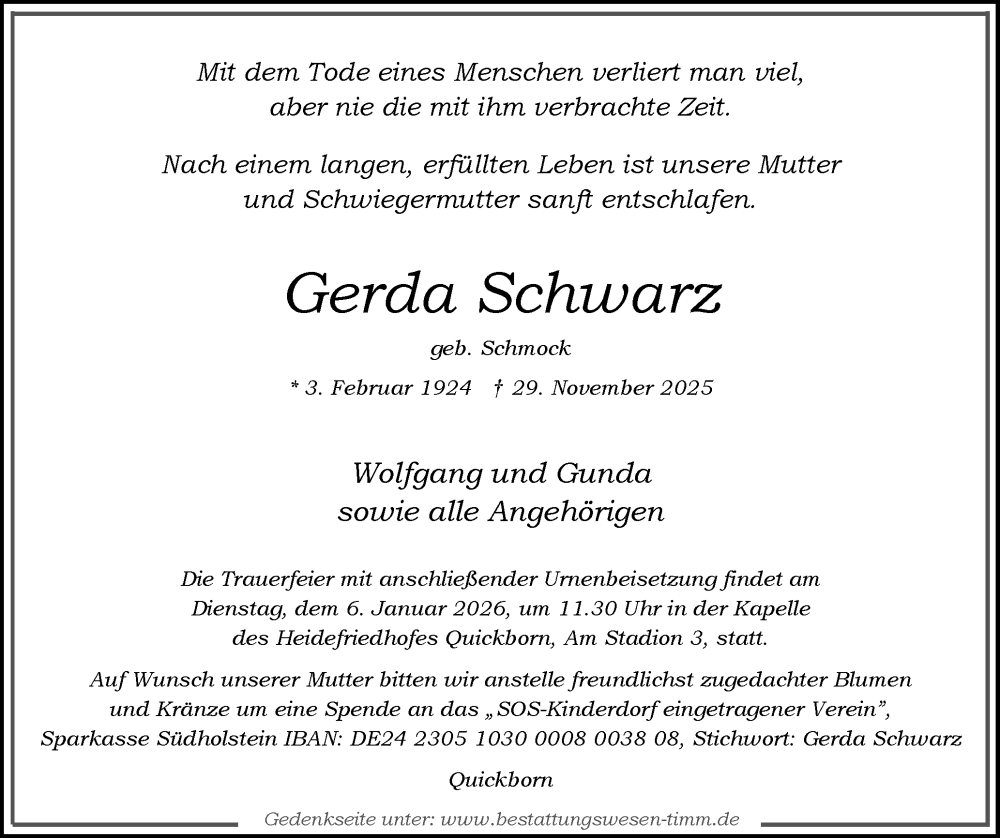 Traueranzeige für Gerda Schwarz vom 20.12.2025 aus Region Pinneberg und tip Pinneberg