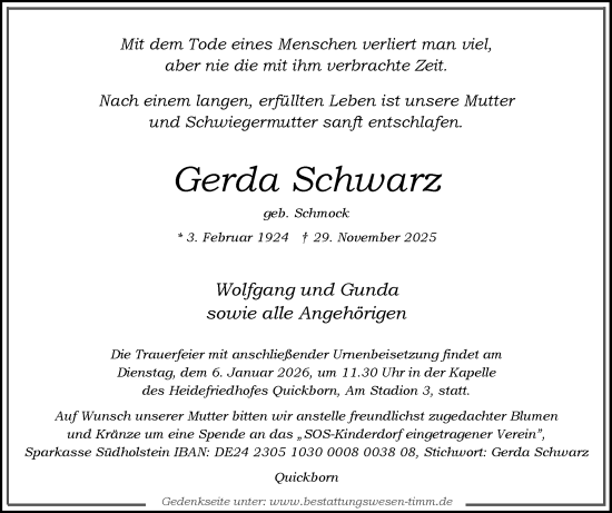 Traueranzeige von Gerda Schwarz von Region Pinneberg und tip Pinneberg