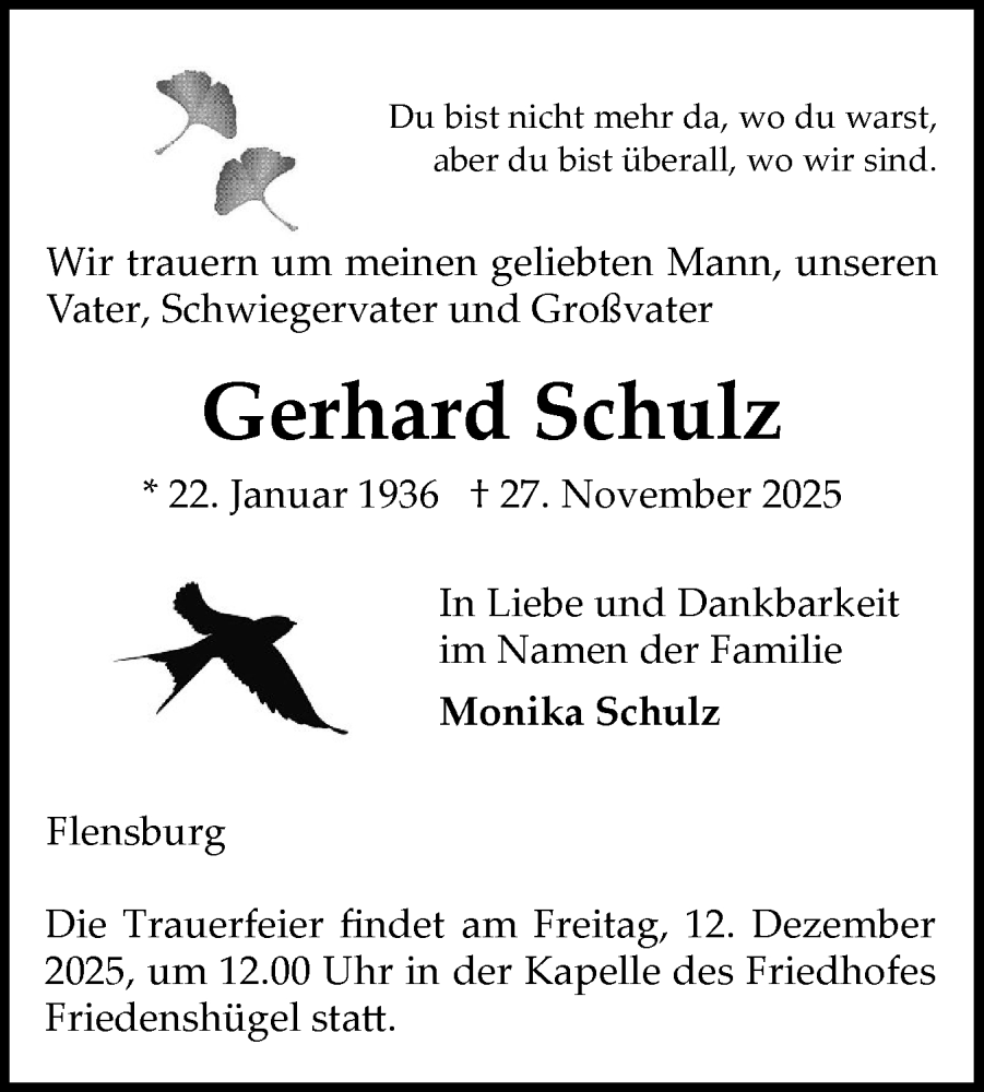  Traueranzeige für Gerhard Schulz vom 06.12.2025 aus Flensburger Tageblatt