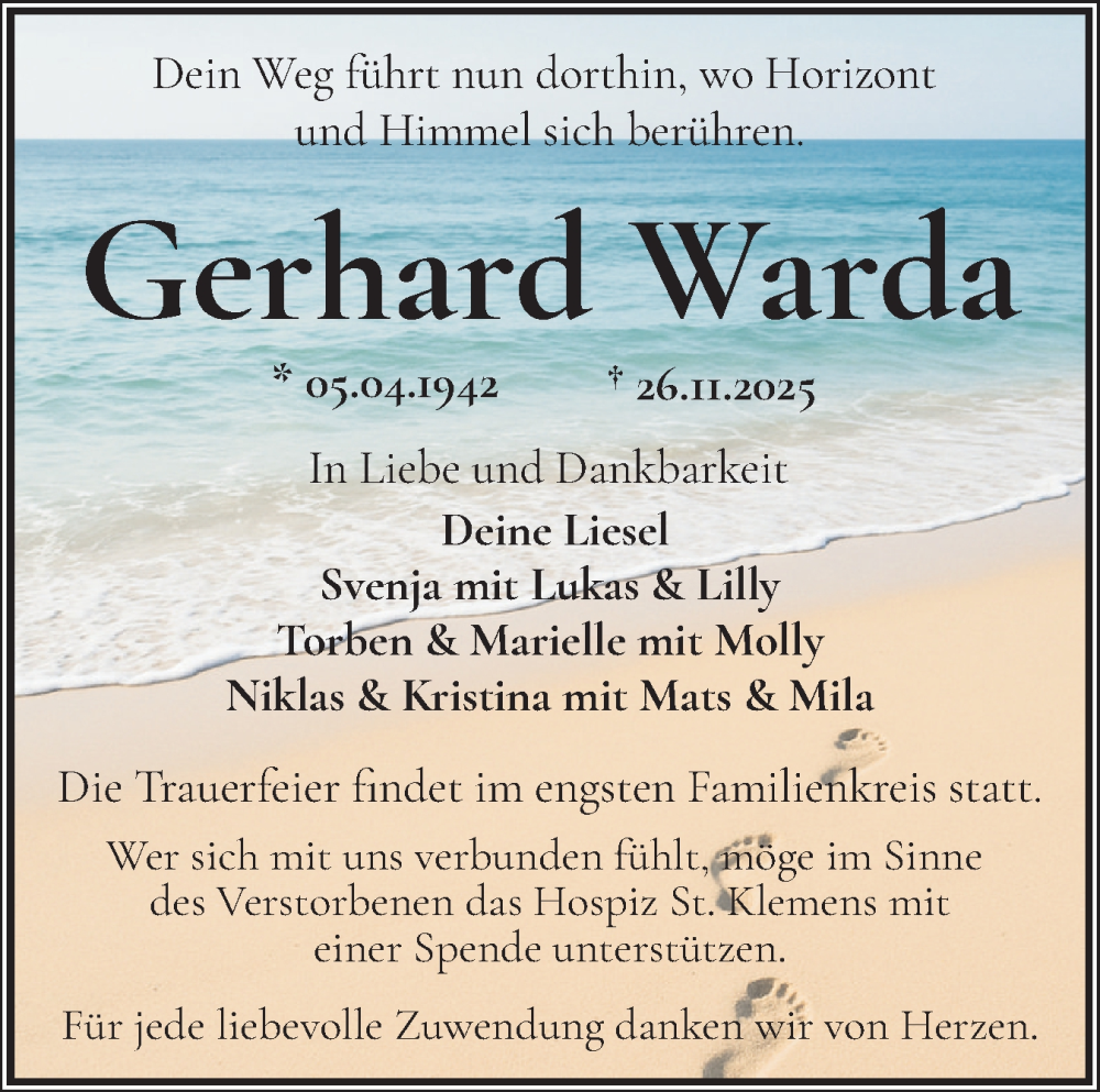  Traueranzeige für Gerhard Warda vom 13.12.2025 aus Norddeutsche Rundschau, Wilstersche Zeitung, Glückstädter Fortuna