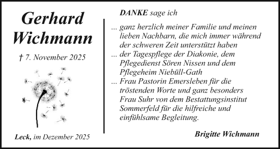 Traueranzeige von Gerhard Wichmann von Husumer Nachrichten, Nordfriesland Tageblatt