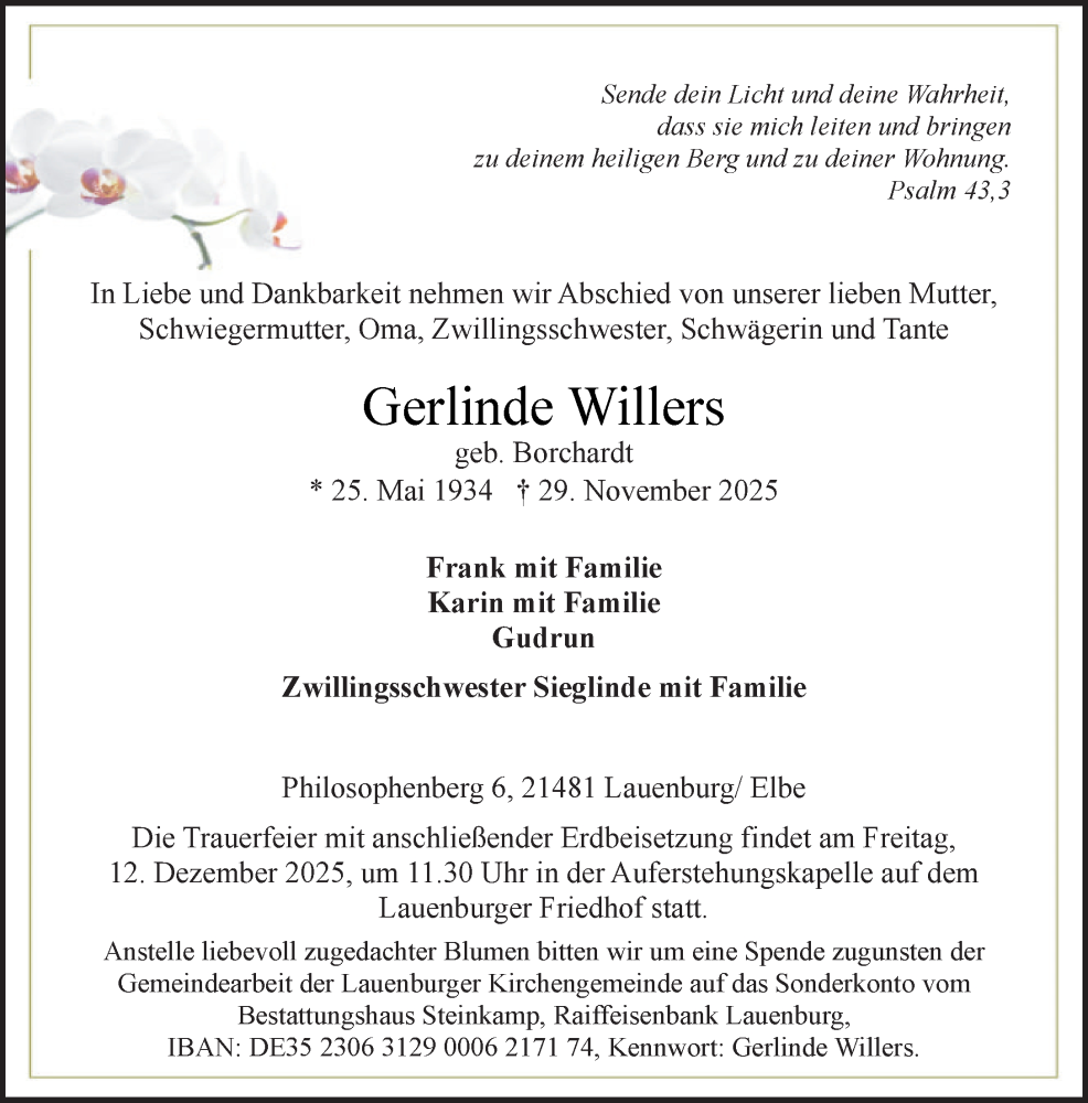  Traueranzeige für Gerlinde Willers vom 06.12.2025 aus Wochenend Anzeiger