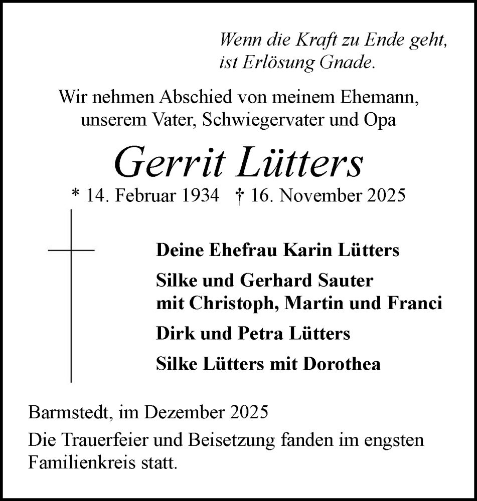  Traueranzeige für Gerrit Lütters vom 13.12.2025 aus Elmshorner Nachrichten, Barmstedter Zeitung