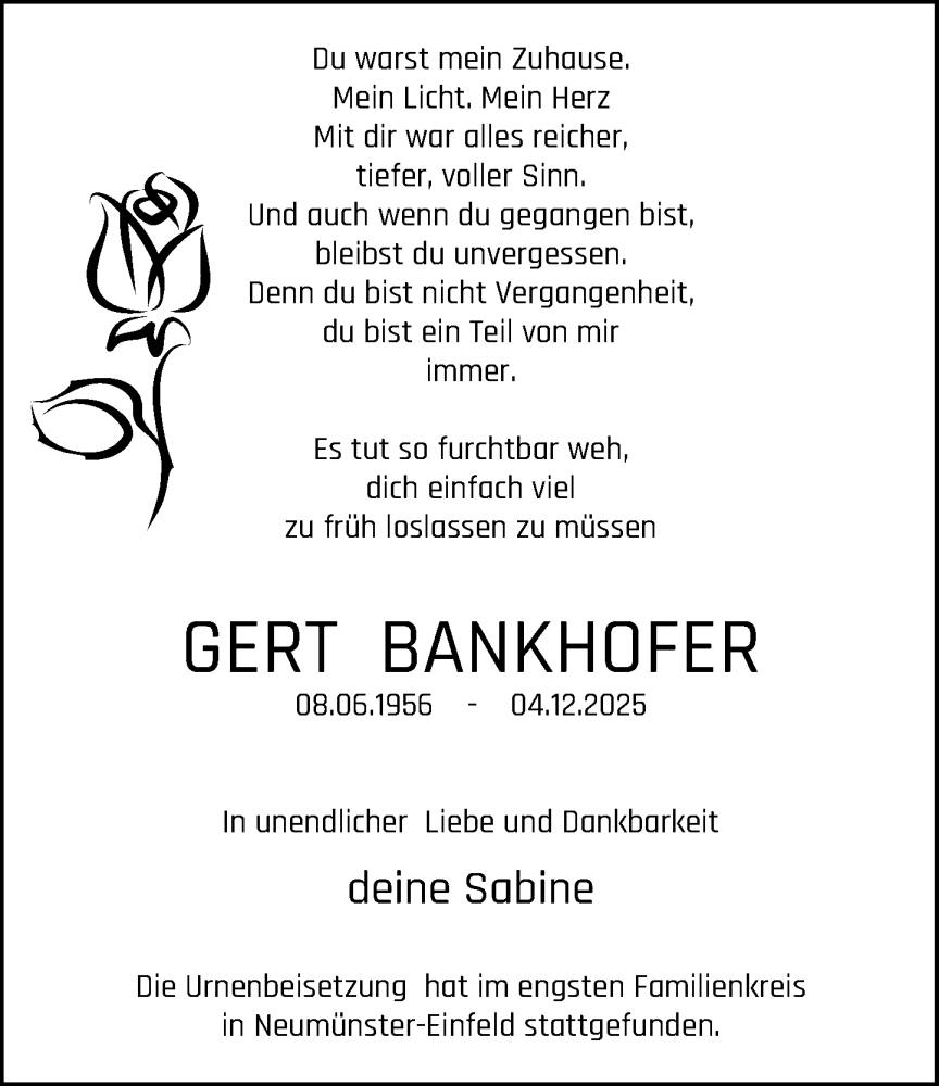  Traueranzeige für Gert Bankhofer vom 27.12.2025 aus MARKT Ahrensburg/Bargteheide/Trittau und Stormarner Tageblatt
