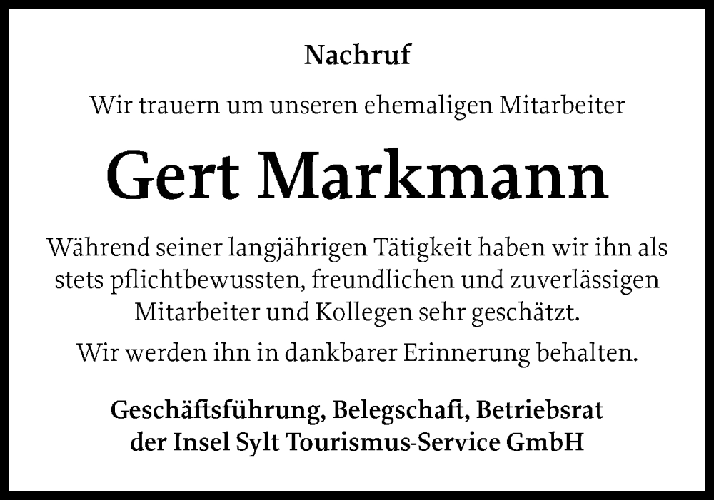  Traueranzeige für Gert Markmann vom 20.12.2025 aus Sylter Rundschau