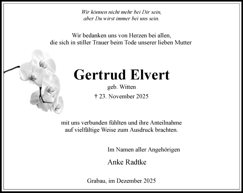  Traueranzeige für Gertrud Elvert vom 20.12.2025 aus Wochenend Anzeiger