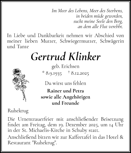 Traueranzeige von Gertrud Klinker von Schleswiger Nachrichten, Schlei-Bote