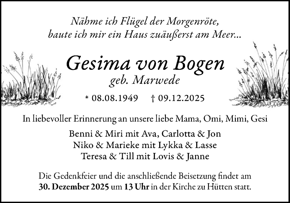  Traueranzeige für Gesima von Bogen vom 24.12.2025 aus Eckernförder Zeitung