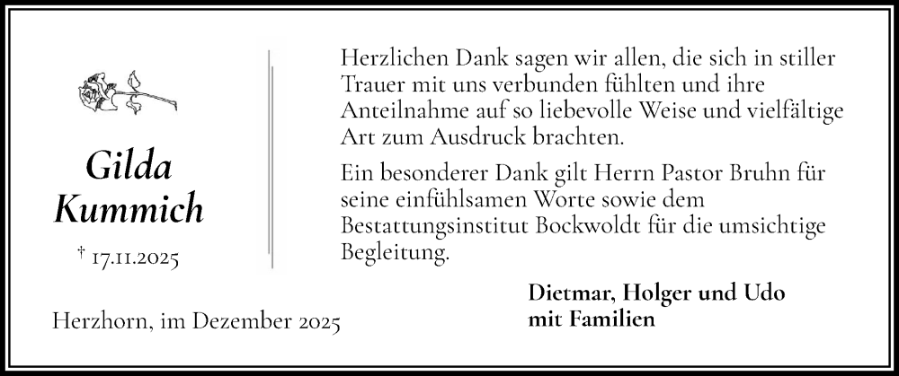  Traueranzeige für Gilda Kummich vom 20.12.2025 aus Norddeutsche Rundschau, Wilstersche Zeitung, Glückstädter Fortuna