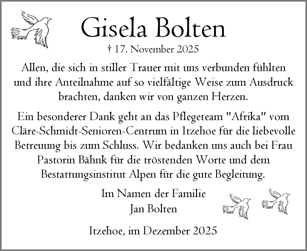  Traueranzeige für Gisela Bolten vom 13.12.2025 aus Norddeutsche Rundschau, Wilstersche Zeitung, Glückstädter Fortuna