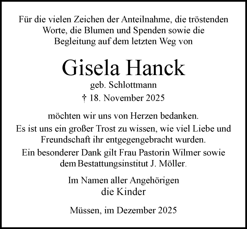  Traueranzeige für Gisela Hanck vom 13.12.2025 aus Wochenend Anzeiger