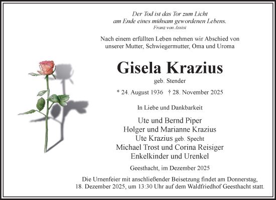 Traueranzeige von Gisela Krazius von Wochenend Anzeiger