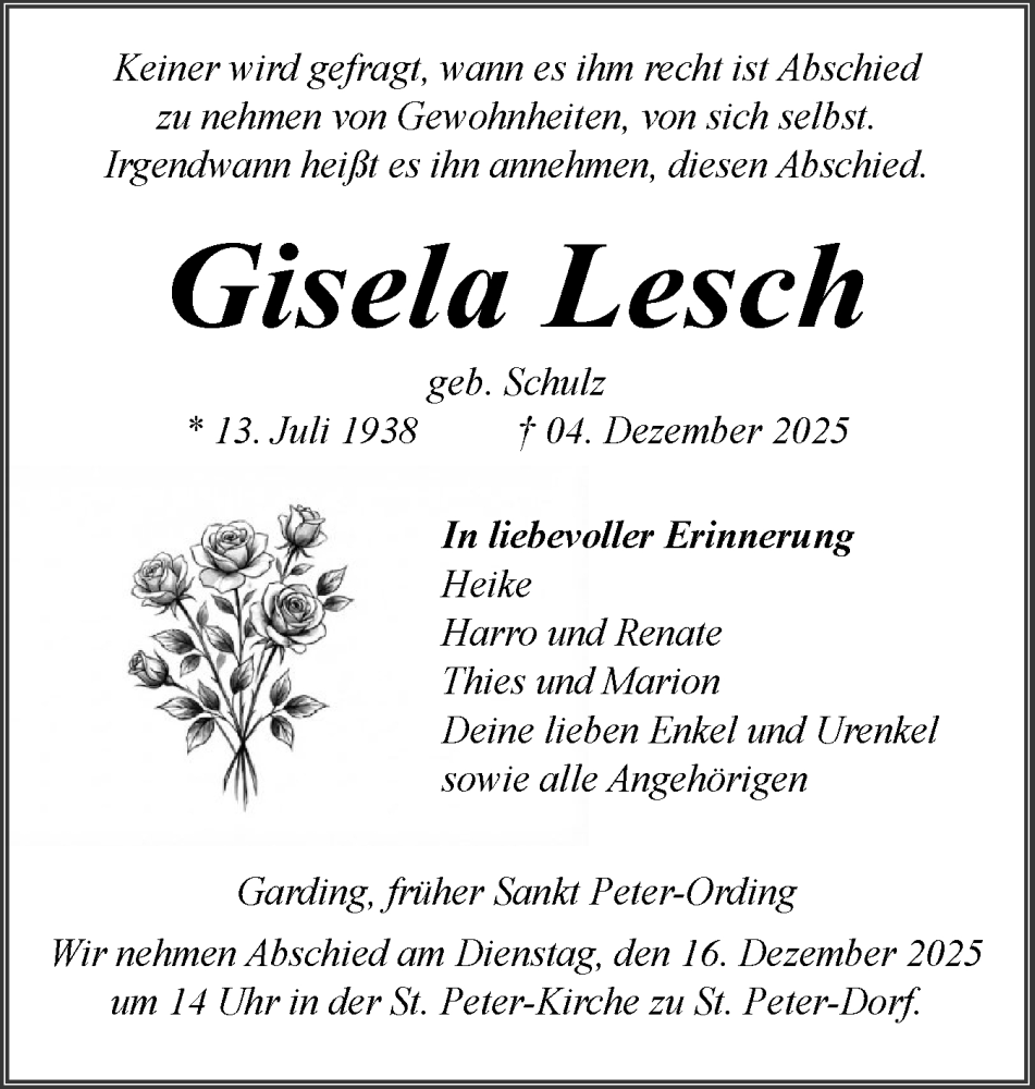 Traueranzeige für Gisela Lesch vom 10.12.2025 aus Husumer Nachrichten, Nordfriesland Tageblatt