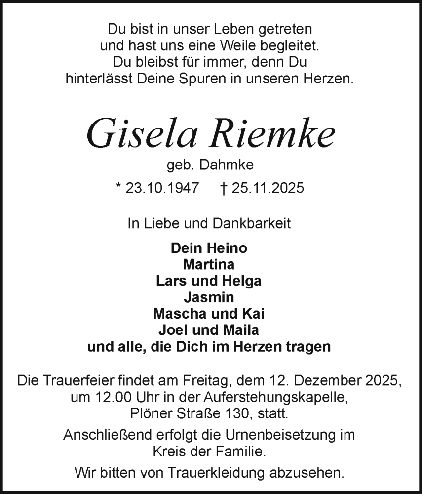  Traueranzeige für Gisela Riemke vom 06.12.2025 aus Holsteinischer Courier