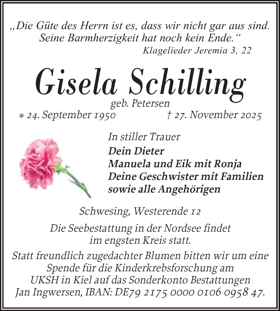  Traueranzeige für Gisela Schilling vom 03.12.2025 aus Husumer Nachrichten, Nordfriesland Tageblatt