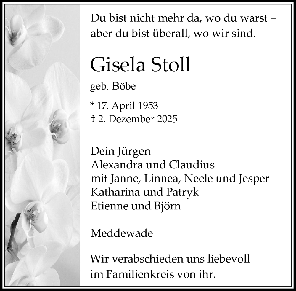  Traueranzeige für Gisela Stoll vom 13.12.2025 aus MARKT Bad Oldesloe/Reinfeld und Stormarner Tageblatt