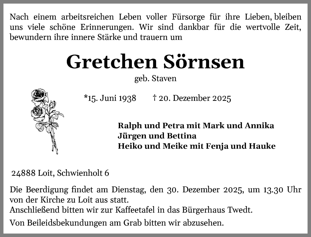  Traueranzeige für Gretchen Sörnsen vom 27.12.2025 aus Schleswiger Nachrichten, Schlei-Bote